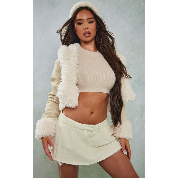 🧥 Y2K Faux Fur Cropped Jacket PrettyLittleThing Sand Cream Sz 6 - Picture 2 of 10